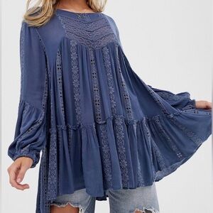 Free People Blue Kiss Kiss Embroidered Lace Tunic Dress Sz S Bohemian Cottage